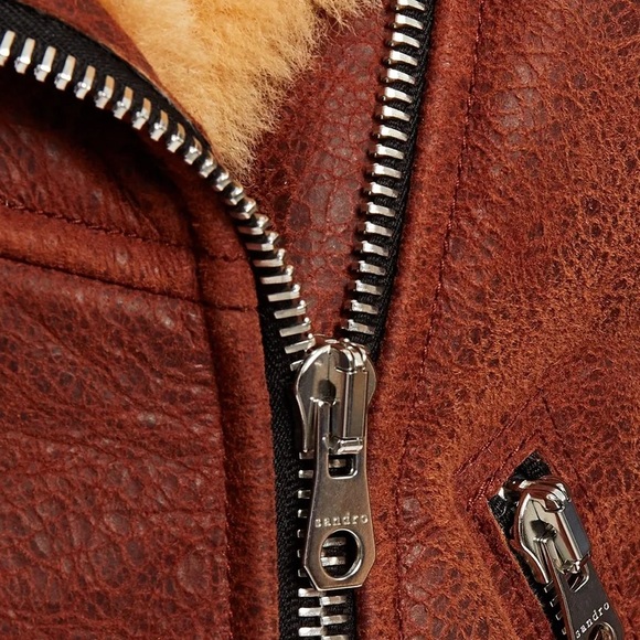 Brand New SANDRO Zinal shearling biker jacket, Sz 4 - Picture 4 of 11